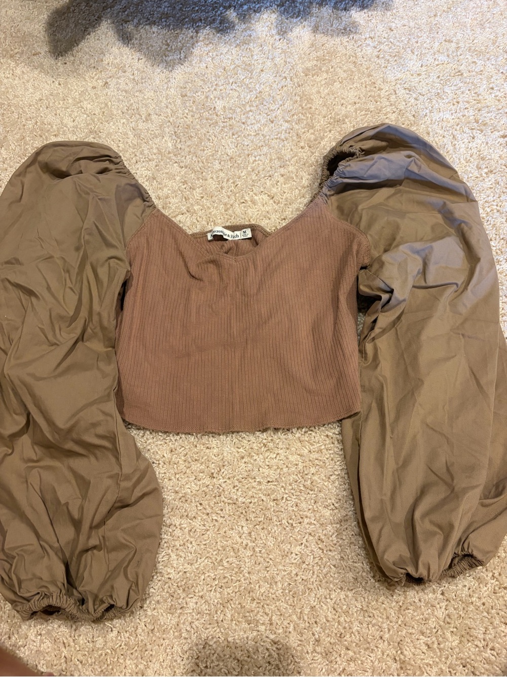 Abercrombie & Fitch Brown Puff-Sleeve Ribbed Cropped Top
